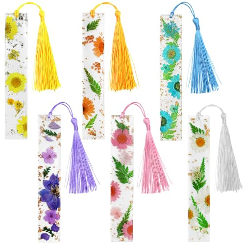SENHAI Lesezeichen für Damen, transparent, getrocknete Blumen, Kunstharz, Lesezeichen mit 6 bunten seidigen Quasten, für Frauen, Studenten, Lehrer, Buchliebhaber, 6 Stück
