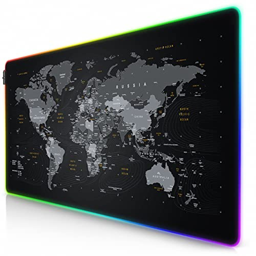 Titanwolf XXXL RGB Gaming Mouse Mat 1200 x 600 mm Mouse Pad - LED multi color - 7 LED colors plus 4 effect modes - for precision and speed - rubberized underside - washable, World map
