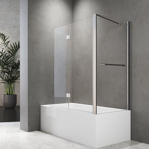 Duschwand für Badewanne 100x140 cm Badewannenfaltwand 2-teilig Faltbar mit Seitenwand 80 cm,6mm ESG Glas Nano Beschichtung Duschtrennwand