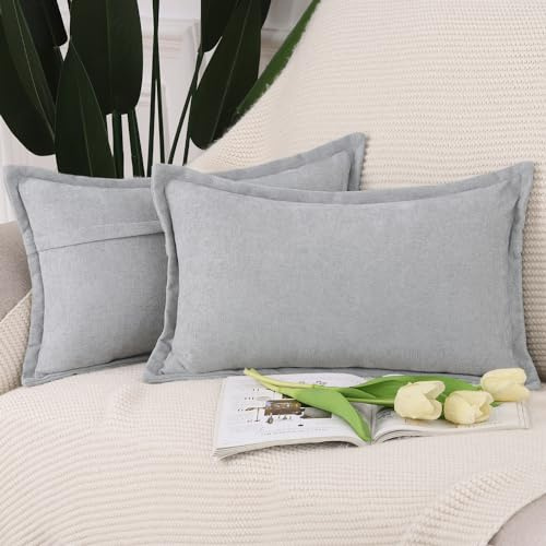Madizz 2er Set Fransen Chenille Schlicht Zierkissenbezüge Modern Kissenbezug Kissenhülle Sofakissen Lendenkissen für Sofa Schlafzimmer Hellgrau 30x50 cm