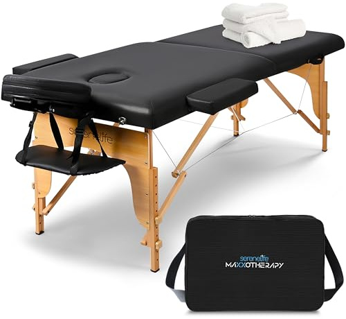 SereneLife Massageliege Klappbar – 3-Zonen Holzrahmen, höhenverstellbar, Schwarz Tragbar und faltbar mit Tragetasche, PU-Bezug & Schaumstoff, Wellness, Kosmetik & Therapie
