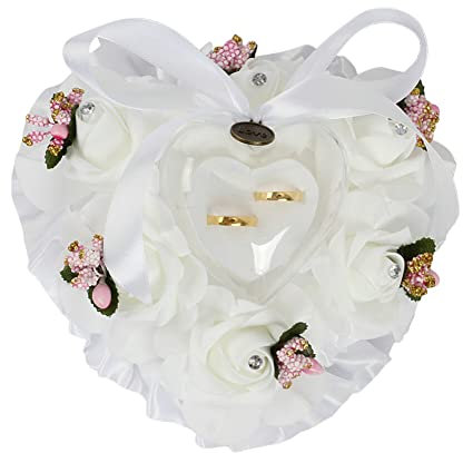 Huamengyuan Eleganter Hochzeit Ringkissen Blumen-Ringkissen Herzförmiges Kissen Ehering-Kopfkissen Paar Herz-Ring-Kissen Ringkissen mit Schleifen und Blumen