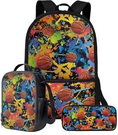 Poceacles Basketball Book Bag for Boys 9-12 Backpack for School Primary Middle School Backpack Paint Spatter Bookbag Schoolbag Set with Insulated Lunch Box Zipper Pencil Case for Little Girls