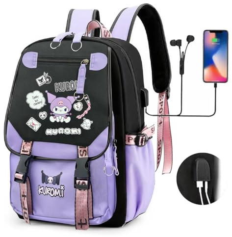 PALAY® Kawaii Kuromi School Backpack, 15'' Large Capacity Bookbag, Purple, Water Resistant, Anime Theme, Bottle Holder, Padded Shoulder Strap, 6 - 12 Years, Female, Elementary School, School, Travel