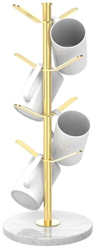 ZYZWTG Marble Mug Holder Tree with 8 Hooks, Stainless Steel Coffee Cup Holder, Non-Slip Silicone Pads, Heavy Duty Marble Base, Countertop Organizer for Kitchen & Cafe, Gold