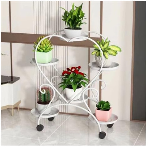 Pflanzenständer Blumenständer Blumenregal 4-stufiger Herzförmiger Zimmerpflanzenständer Aus Metall Mit Rädern, Pflanzenregalhalter Für Zuhause Pflanzenregal Blumenbank ( Color : White , Size : 60*24*7