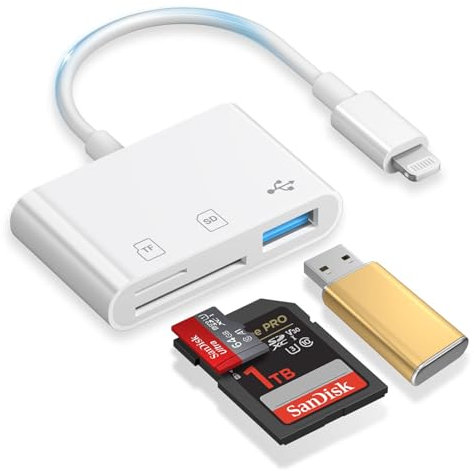 SD Card Reader for iPhone, 3-in-1 Lightning to SD Card Reader Micro SD Digital Camera Adapter Compatible with iPhone 14 13 12 11, Plug & Play