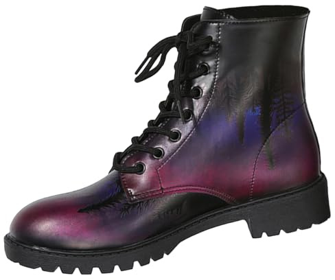 Ulalaza Women's Boots Round Toe Block Heels Gothic Platform Ankle Boots Lace Up Punk Motorcycle Combat Boots Multicolor Printing Leather Chunky Short Boots