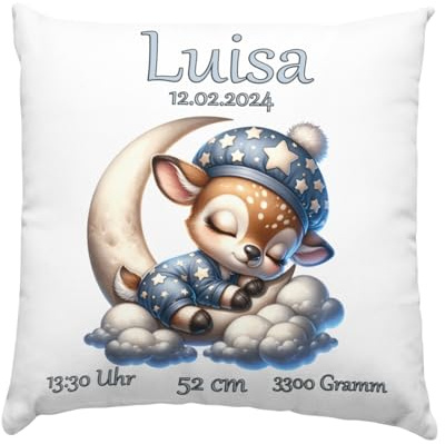 Fadensalat Baby Geschenk Kissen mit Namen und Geburtsdaten Rehkitz | Geburt Junge oder Mädchen, Personalisierte Babygeschenke, Taufgeschenk von Taufpaten, Neugeborenen