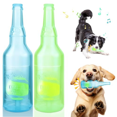 Glirop Dog Chew Toys, Squeaky Dog Toys with Tennis Ball Indestructible Bottle Puppy Toys for Small Medium Large Dog Outdoor Playing Training Chewing Dental Care Teeth Nteractive (Blue & Green, Small)