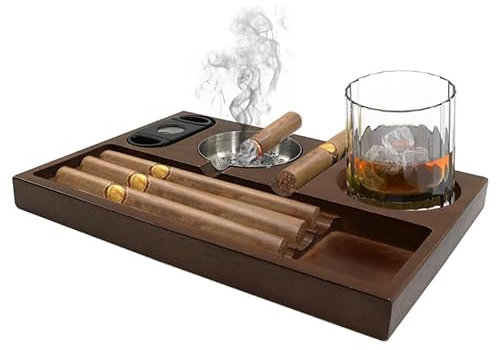Holz Aschenbecher für Zigarren mit Cutter & Halter - 3-fach Schwere Aschenbecher mit Whisky Glas Ständer - Luxus Zubehör für Zuhause, Büro und Outdoor