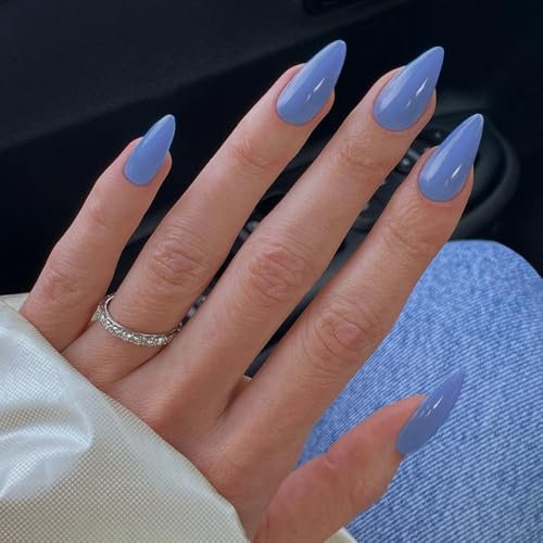 SXVME Baby Blue False Nails Medium, Acrylic Press on Nails Almond Solid Color Full Cover Fake Nails Medium Stiletto Stick on Nails for Women DIY Nail Art 24 Pcs