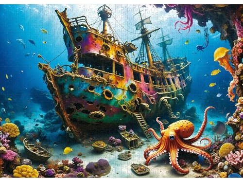 Lamplig Puzzle 1000 Teile Erwachsene Ozean Oktopus Piratenschiff Puzzles | Puzzle mit Buchstaben auf der Rückseite,1:1 Poster,Unterwasser,Fische,Korallen,Natur Puzzle für Senioren,Spieleabend,Geschenk