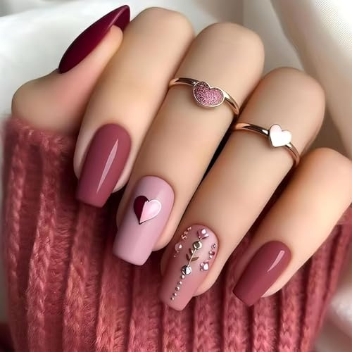 Auiremrti Künstliche Nägel Zum Aufkleben Mit Herz Und Diamantendekor, 24 Stück Mittellange Rote Press On Nägel Für Valentinstag Und Romantische Anlässe