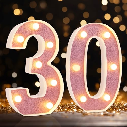 Led Light Up Numbers, 30th Birthday Decorations, Marquee Numbers Lights, Battery Powered Light Up Sign for 30 Decor Party (Pink Glitter)