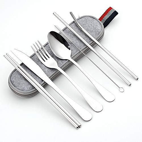 JOME Set de Cubiertos Reutilizables en Acero Inoxidable 304 – Portátil con Estuche de Tela – Incluye Cuchillo, Tenedor, Cuchara, Pajita, Palillos y Cepillo de Limpieza