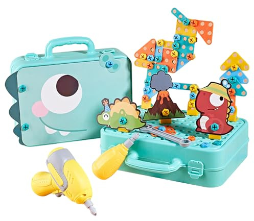 Wedhapy Boîte à Outils Montessori avec perceuse, 233pcs / Set Frot Force Force et vis à vis avec Carte de Dinosaure, Outil, Jouet de Forme différente et Plus, boîte Outils éducative Bricolage
