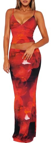TZLDN Women Maxi Skirt Sets Two Piece Outfit Floral Long Skirt Cami Top Summer Going Out Outfits Y2K Festival Beach Red XS