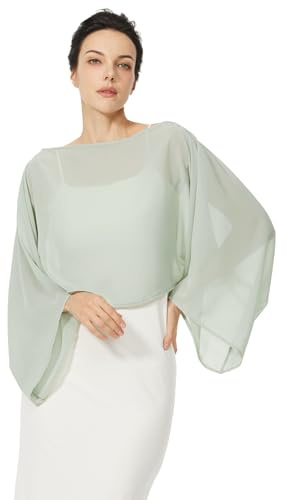 BEAUTELICATE Damen Chiffon Stola mit Ärmel Festlich Sheer Schultertuch Elegante Bolero Capelet Sommer Brautjacke für Abendkleider Brautkleider Hochzeit,SalbeiGrün,S-M