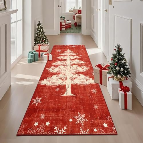 TUKDAK Weihnachtsteppich Läufer 80x200cm,Waschbar rutschfest Teppich Weihnachten,Red Wolkenbaum Weihnachtsläufer Teppich,Küchenteppich Weihnachten,Weihnachtsteppich Küche für Wohnzimmer Schlafzimmer