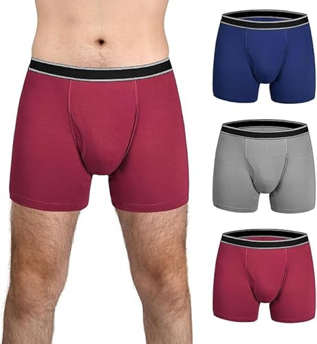 TIICHOO Washable Incontinence Pants for Men with Fly Cotton Boxer Briefs Mens Leakproof Underwear Moderate Absorbency Pack of 3 (Large, Burgundy/Navy/Grey)