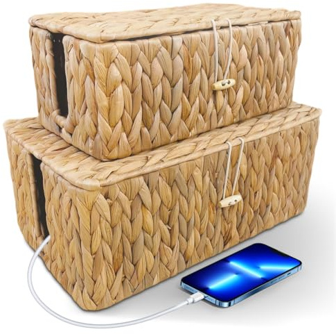 2 Stück Kabelbox, Bambus Kabel Box, Handgemachte Rattan Kabelmanagement Box mit Abdeckung, Kabel Organizer mit Seitlicher Öffnung zum Verstecken von Kabeln