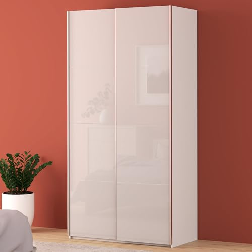 Forte FITTIO Kleiderschrank 120, moderner Schwebetürenschrank, 2-türig, Kleiderstange, Einlegeböden, Schlafzimmer, Holzwerkstoff, Weiß Hochglanz, 120,1 cm breit x 235 cm hoch x 61,2 cm tief
