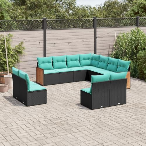 Qnhdfrt Salon de jardin 11 pièces en polyrotin noir avec coussins bleus - Groupe de sièges modulaires - Charge maximale : 110 kg - Peu encombrant - Pour petits balcons, terrasse et jardin