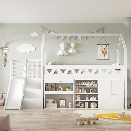 Goldicoo Children's House-Shaped Single Bed with Slide, White Pine Wood Frame, Storage Stairs and Drawers, 90x190cm Mattress Size, Multifunctional Loft Design with Magnetic Cabinet Doors