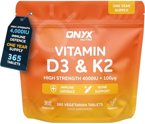 Vitamin D3 4000 IU & K2 100μg MK-7 Tablets - 365 High Strength Vegetarian Tablets (1 Year Supply) | Immune Support, Bone & Muscle Health | 2000% NRV Vitamin D | 1-A-Day Easy Swallow | UK Made