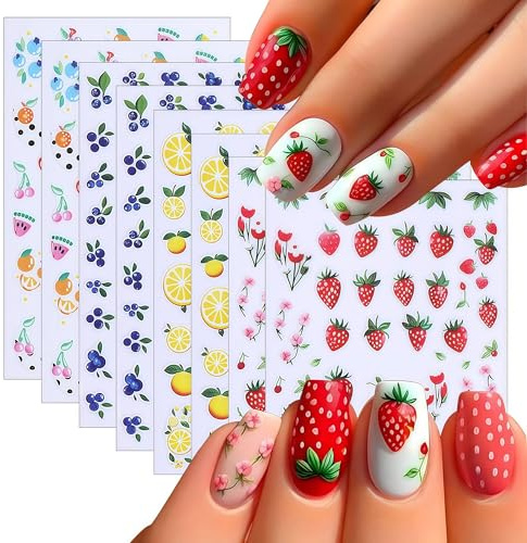 Sommerfrüchte Nagel-Aufkleber 3D Kleber Zitronen, Erdbeeren, Blaubeeren Sommer mit Blumenmuster-Aufkleber schöne Frucht Nägel-Aufkleber DIY Frauen Nagel-Dekor 8 Stück