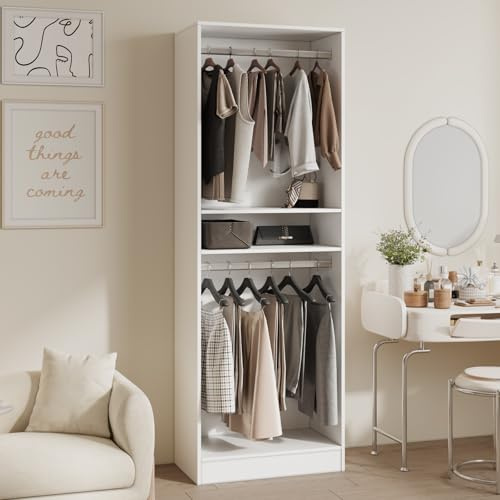 VOWNER 25'' Freestanding Closet System with Shelves, Wood Closet Organizer System with Hanging Rods, Walk-in Closet Tower, Clothes Garment Rack, Wardrobe Closet for Bedroom Entryway (1, White)