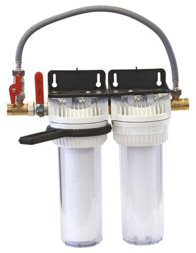 AQUAWATER - Station Filtre Double Anti-Tartre Avec By-Pass - 9''3/4 - Équerre De Fixation Et Clé De Desserrage Incluses - Blanc - Débit Max 1,5 m3/h | Protégez votre maison des impuretés et du tartre avec cette station double, pratique et équipée d'un by-pass !