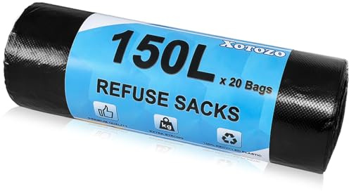 20 Pack Black Bin Bags, 150 Litre Large Refuse Sacks, Strong Bin Liners