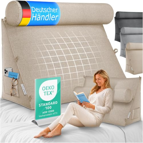 ELONEO Rückenkissen 70 cm breit mit Verstellbarer und Abnehmbarer Nackenrolle, Keilkissen für Bett und Sofa geeignet, dreieckiges Lesekissen, Kissen mit waschbarem Bezug, praktisches Seitenfach