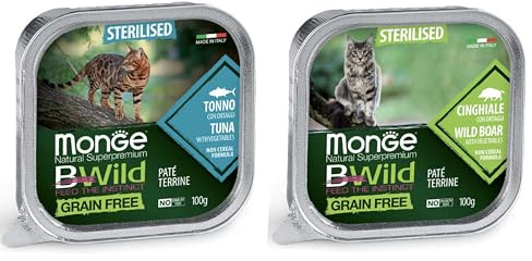 Monge BWild Grain Free Paté Terrine per Gatti Sterilizzati, gusti misti con Ortaggi, 24 Vaschette da 100g