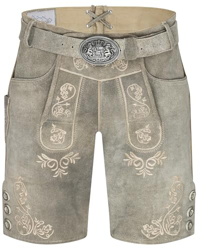 Schöneberger Trachten Couture Herren Lederhose kurz mit Trachtengürtel Bayern, Trachtenlederhose für Oktoberfest, Original Nubuk-Leder, Bergjäger