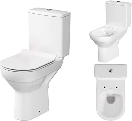 WC en céramique sur pied - Set complet avec réservoir de chasse d'eau - Assise en Duroplast avec système d'abaissement automatique SoftClose pour sortie horizontale - Raccordement d'eau sans bordure