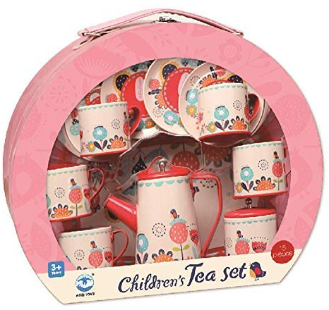 koolbitz Colorful Tin Tea Party Set Including Metal Teapot, Saucers, Cups and Plates Washable Dishes Made of Safe Material For Children, Learning Toy Indoor And Outdoor Activity