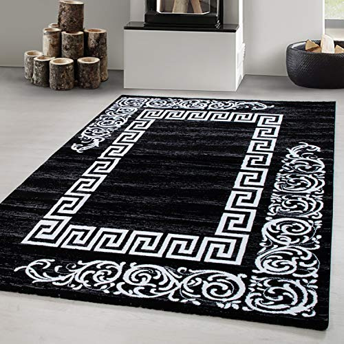 Carpetsale24 Kurzflor Teppich 160x230 cm, Modern Mäander Design in Schwarz Weiß, Pflegeleicht, ideal für Wohnzimmer, Esszimmer oder Schlafzimmer