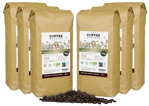 Coffee Masters Peruvian Coffee Beans 6x1kg - Organic, Fairtrade, Single Origin, Arabica Bean, Roasted in the UK - Ideal for Espresso Machines - Great Taste Award Winner
