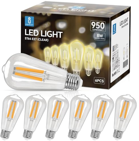 Aigostar E27 LED Lampe Filament 8W (Ersetzt 69W),Warmweiß 2700K,950lm,Vintage Glühbirne ST64,Nicht Dimmbar,6 Stück