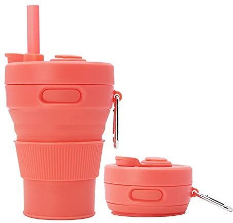 UNNESTAR Gobelet Tasse à café pliable en silicone pour camping, voyage avec paille, réutilisable, portable, 450 ml (mandarine - 450 ml, 1)