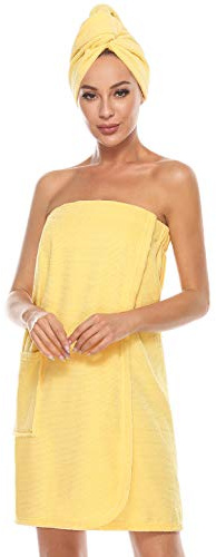 Vislivin Womens Wrap Towel Robe Spa Wraps & Hair Towel Bathrobe Wrap Adjustable Closure Yellow XL