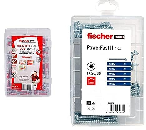 fischer Set aus MEISTER-BOX DuoPower und MEISTER-BOX PowerFast II, der intelligente Universaldübel mit drei Funktionsprinzipien, kombiniert mit den universell einsetzbaren Spanplattenschrauben