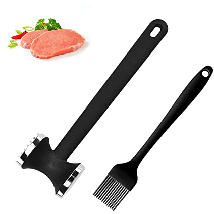 1 Piece Meat tenderizer, 1 Piece Silicone Oil Brush, Pork Steak Meat Mallet, Kitchen Cooking Accessories, Double-Sided Meat Mallet, Apply to Steak, Nuts, Garlic