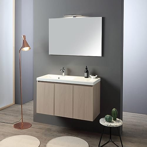 Kiamami Valentina - Mobile bagno sospeso 90cm con 3 ante olmo, lavabo in resina e specchio 90x60