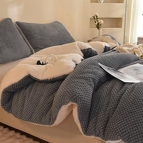 LLanCL 3D Jacquard Design Comforter Set, Ultra-Soft Warm Queen Size Sherpa Fur Plush 3-Pieces Sets Luxury Cozy Bedding with 2 Pillowcases (90x90, Grey)