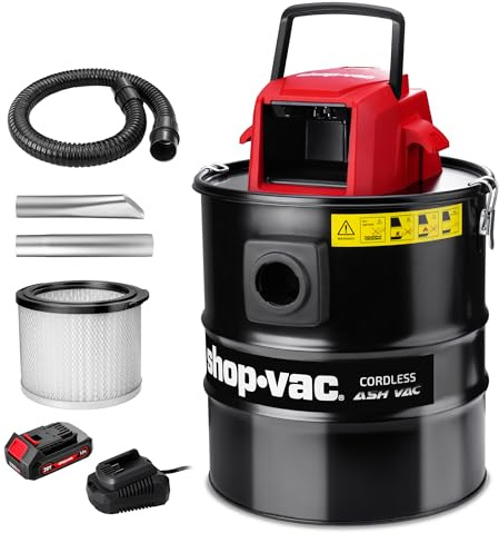 Shop-Vac 5430024 5 Gallon Cordless Ash Vac, 20V Battery, 1.5 in Diameter x 4 Ft Lock-On Hose, Stainless Steel Tank, Includes Blow Feature, Metal Nozzle and Crevice Tool