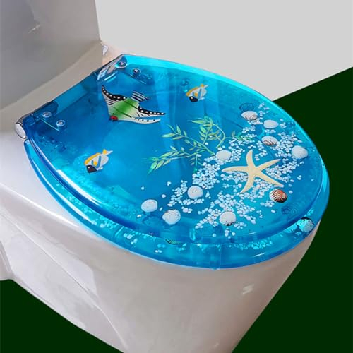 FUNRIN Toilettendeckel, WC-Tankabdeckungen, Transparenter Harz-WC-Sitz Echte Muscheln und Sande Anti-Bakteriell Einstellbare Edelstahl-Scharnier-WC-Deckel-Abdeckung Langsam Soft Close Top Mount,15